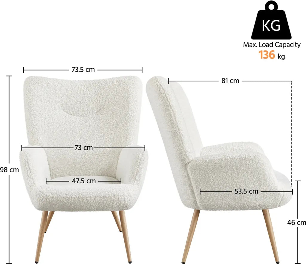 Fauteuil de détente Yaheetech 73,5 x 81 x 98 cm - Blanc - Fauteuil scandinave avec revêtement en bouclé