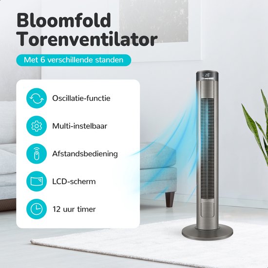 Ventilateur de tour Bloomfold - 38 pouces - Gris - Télécommande - Mode veille - Minuterie 12 heures - Affichage LED complet