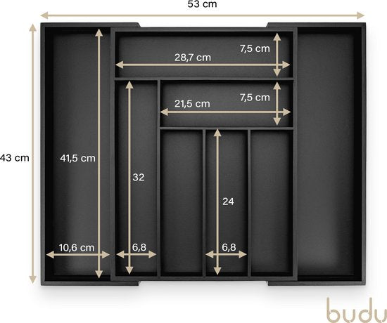 Budu Plateau à couverts extensible en bambou #43 (43 cm de profondeur) - Noir - Cassette à couverts en bois - Tiroir à couverts - 43 x 32.2 - 53 cm - 6/8 compartiments