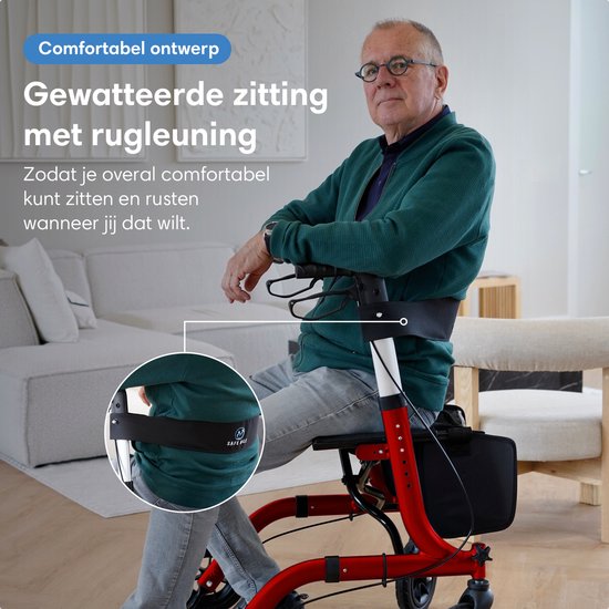 Safe Life® Rollator léger et pliable - fonction assise - pour l'intérieur et l'extérieur - dossier et support de canne - Rouge