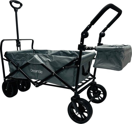 Dreamble® | Wagon | Gris | Jusqu'à 140KG | 120L | Fonctions de traction et de poussée | Tapis de sol souple et épais de 4cm - pour les enfants | Roues extra larges Ø20cm | Espace de rangement supplémentaire | 130x110(LxH) | 2 poches à l'extérieur, 1 poche