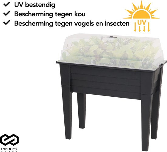 Infinity Goods Kweektafel Op Poten XXL - Kweekbak - Rechthoekig - 75 x 37 x 85 cm - 70L - Kweektuin - Buiten en Binnen - Deksel - Zwart