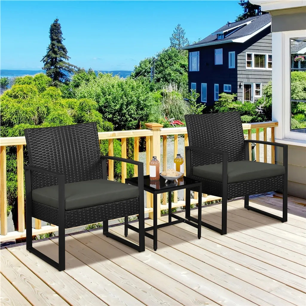 Ensemble de mobilier de jardin Yaheetech, 3 pièces - Noir/Gris - Ensemble de balcon en polyrotin avec table d'appoint