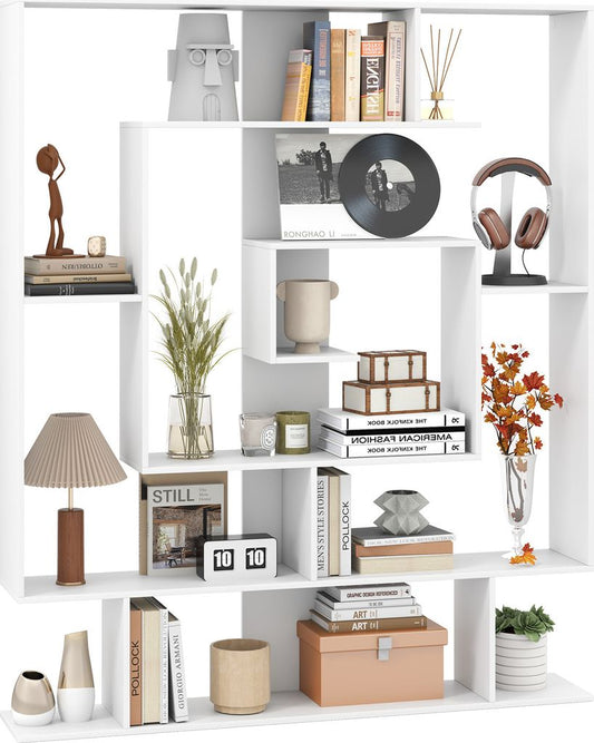 Coast Stylish 7-Layer Bookcase 125 x 22 x 150 cm - White with Geometric Design and Anti-Tilt Protection (Bibliothèque élégante à 7 niveaux 125 x 22 x 150 cm - Blanc avec design géométrique et protection anti-basculement)