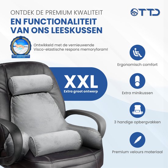 TTD® Premium XXL Coussin de lecture avec rouleau pour la nuque - Siège de lecture - Coussin de lecture pour le lit - Coussin de siège ergonomique avec rembourrage réglable - Coussin de livre - Comprend un mini-coussin supplémentaire - Velouté et doux - Ho