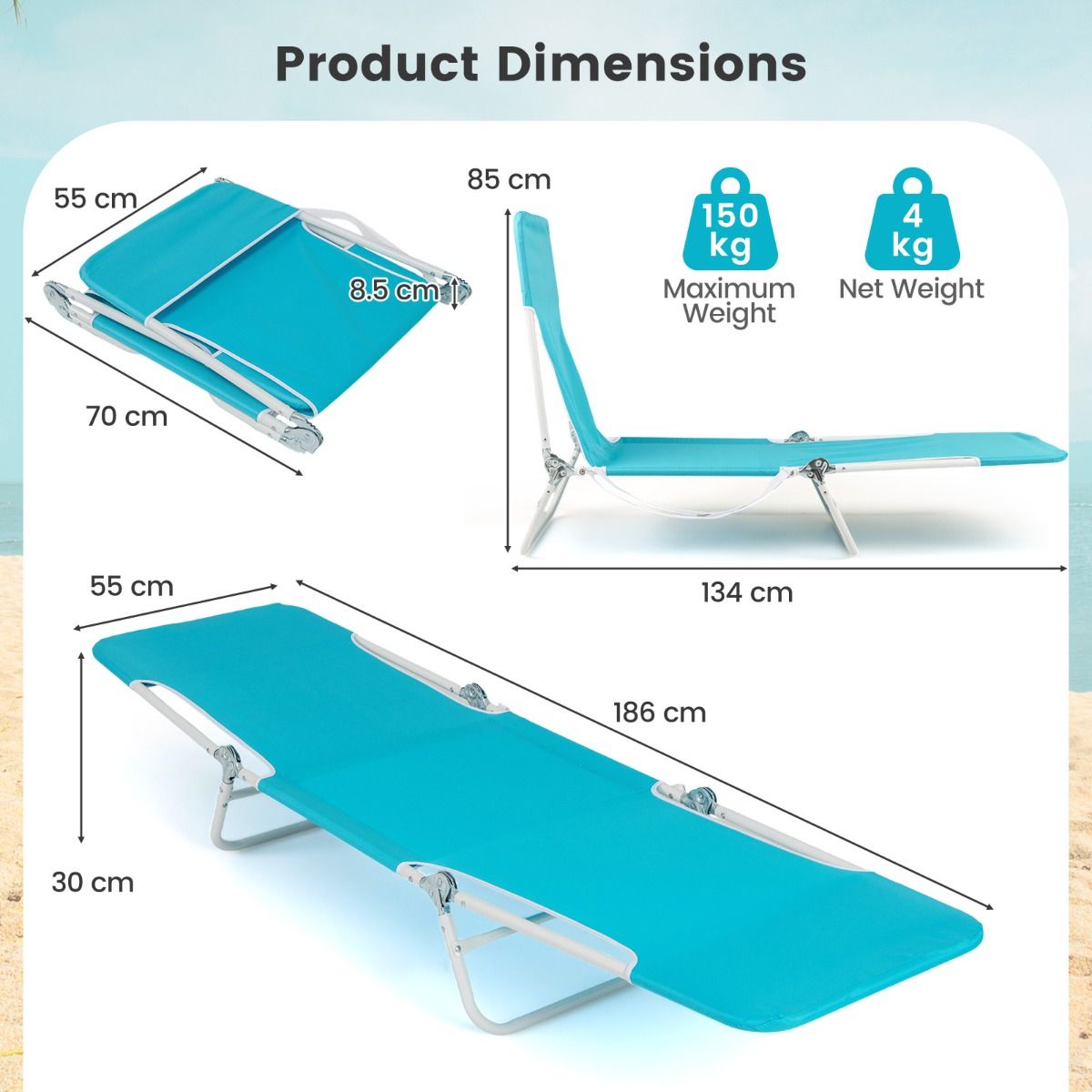 Chaise longue pliable Coast en 2 parties - Réglable sur 5 positions - Bleu - 186 x 55 x 30 cm