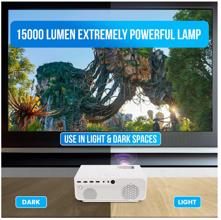 Strex - Mini vidéoprojecteur - 1080P Full HD - 15000 lumens - Streaming sans fil - WiFi - Bluetooth - Blanc
