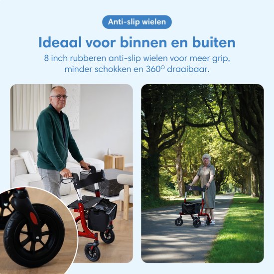 Safe Life® Rollator léger et pliable - fonction assise - pour l'intérieur et l'extérieur - dossier et support de canne - Rouge