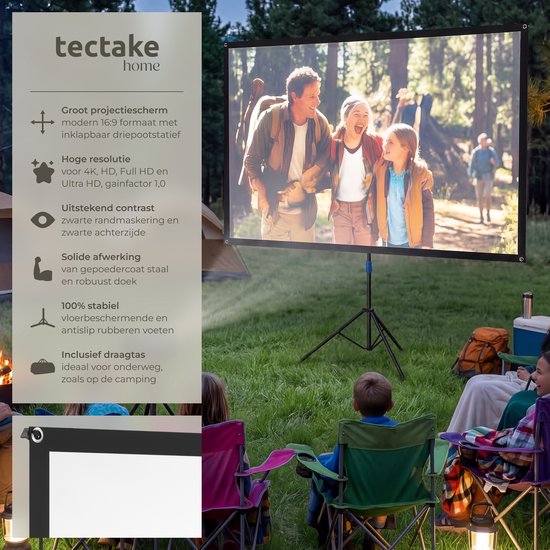 Écran de projection tectake® - 80 pouces - Écran de projection 16:9 avec trépied - 4K HD - Enroulable - Extensible - Toile de projection - Écran de présentation - Sac de transport inclus