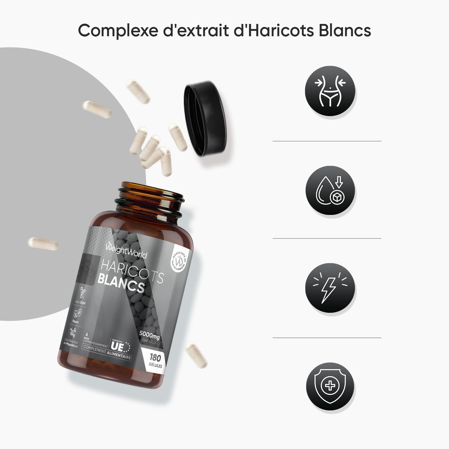 WeightWorld : extrait de haricots blancs 5 000 mg avec zinc et chrome – 180 gélules végétaliennes – Approvisionnement pour 6 mois – 6,4 x 6,4 x 11,2 cm