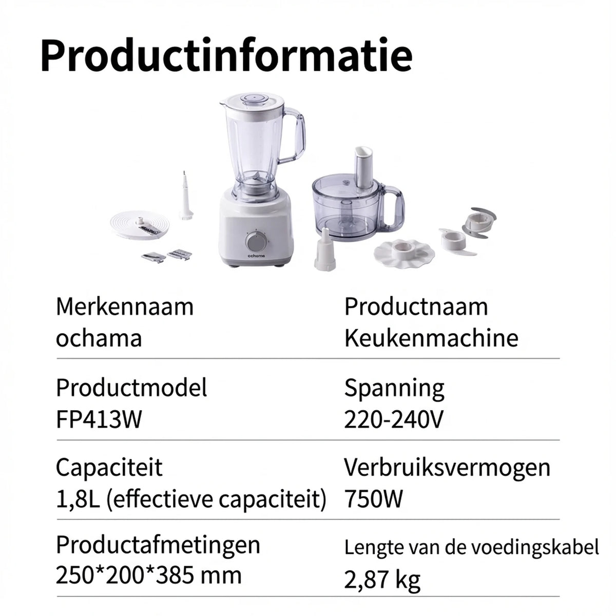 Robot de cuisine Ochama 750 W – 1,8 L – Multifonction – Hachoir, mixeur, hachoir à viande, coupe-légumes et râpe – Lames en acier inoxydable