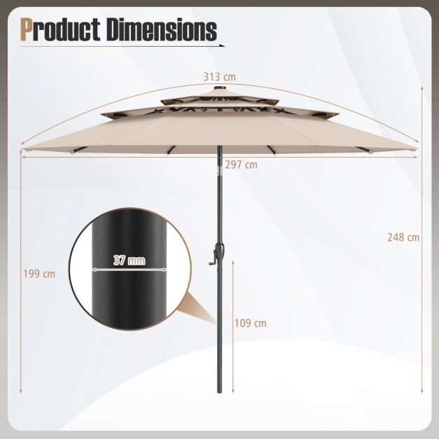 Parasol de terrasse Coast à 3 couches, Ø 313 cm - Éclairage LED solaire - Inclinable - Commande à manivelle - Beige