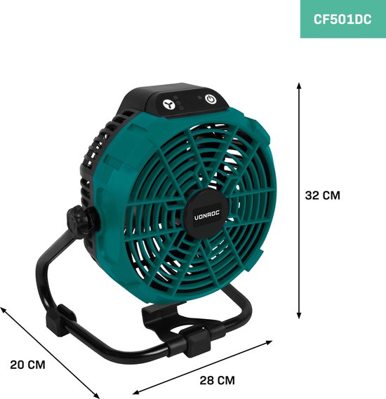 VONROC Fan 20V - pour utilisation avec ou sans fil - Adaptateur secteur inclus - Sans batterie ni chargeur