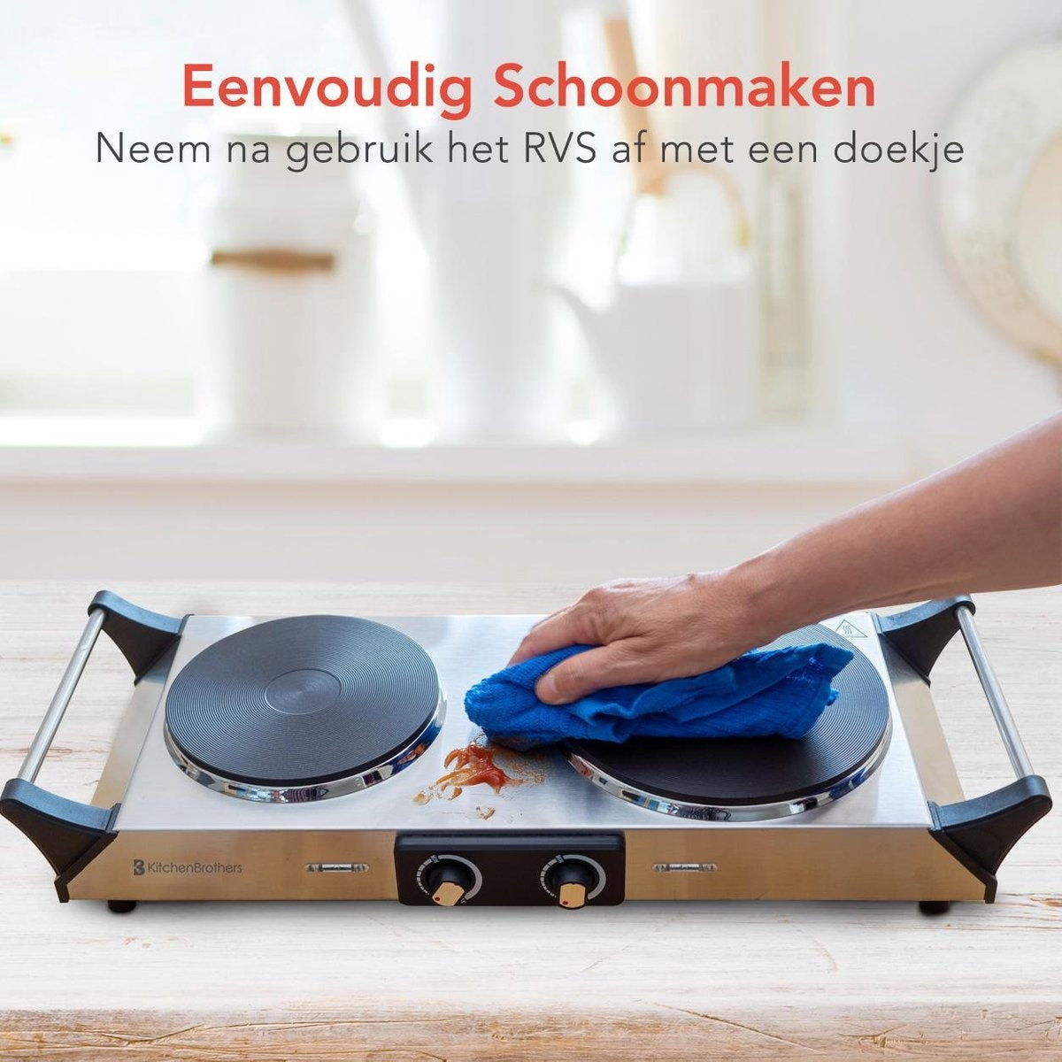 KitchenBrothers Table de cuisson électrique - 2 brûleurs - 2500W - inox