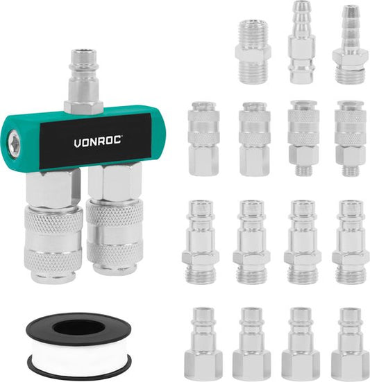 Kit de raccords pneumatiques VONROC – 16 pièces – Kit d'accessoires pour systèmes à air comprimé – 1/4" – EU-RO/DIN 7,2 mm - ORION