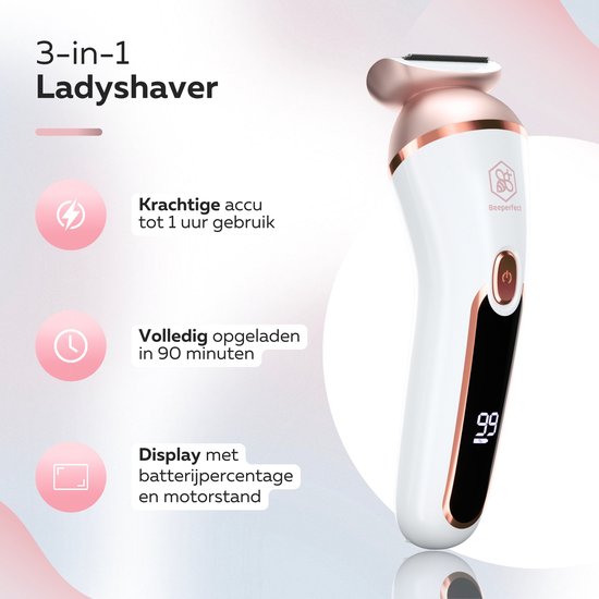 Beeperfect® 3 in 1 Ladyshaves For Women Prime - Rasoir féminin - Tondeuse bikini - Rechargeable - Étanche - 3 accessoires
