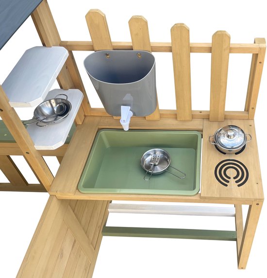 Maisonnette AXI Lizz marron/anthracite – Maisonnette en bois avec coin cuisine, tableau noir, miroir, pots de fleurs et accessoires – Bois certifié FSC – Maisonnette de jardin pour enfants – Garantie 10 ans