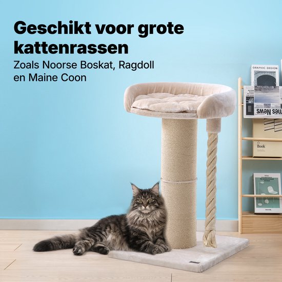 Jake et Jacky : Arbre à chat pour grands chats avec panier - Avec corde à jouer - Naturel/Crème - 57 x 57 x 90 cm - Ø de l'arbre à chat en sisal : 20 cm