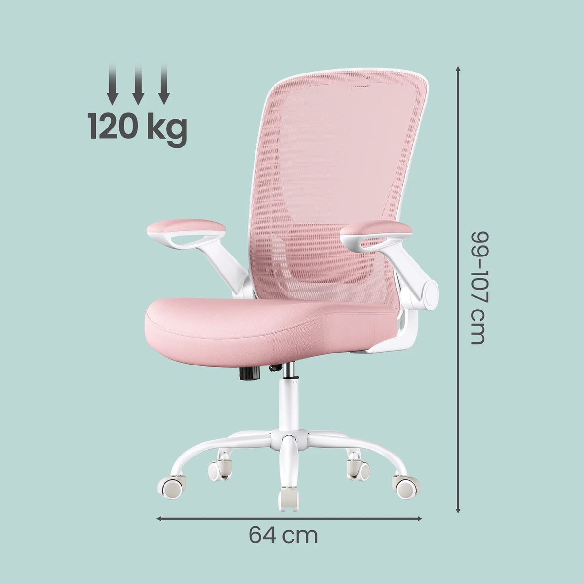 Chaise de bureau ergonomique Joyfurnos rose - Soutien lombaire réglable et accoudoirs rabattables - 60 x 64 x 103-110 cm