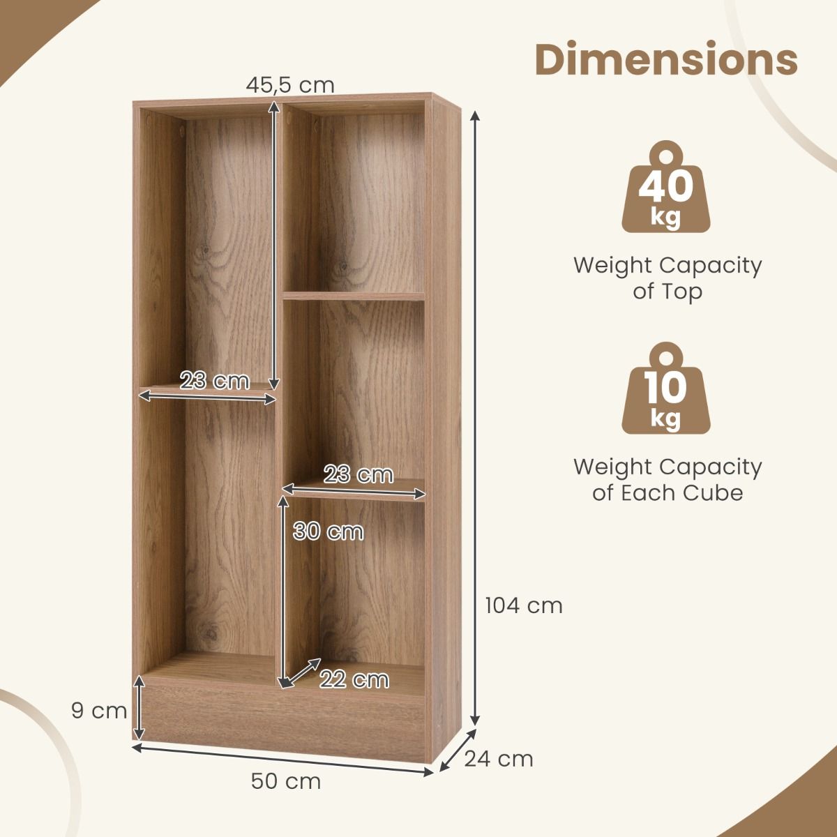 Coast - Bibliothèque à 5 compartiments - Rayonnage à cube vertical, protection contre le basculement, capacité de 90 kg - 50 x 24 x 104 cm - Bois/MDF - Bois naturel