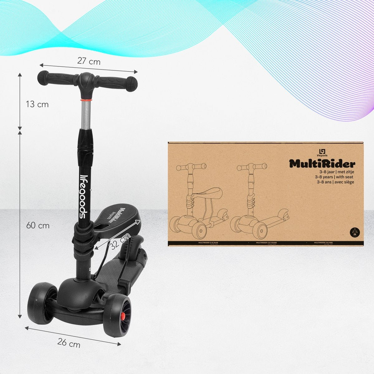 LifeGoods MultiRider Kids Scooter - Step 3-8 Years - Siège ajustable - Luminous Wheels - Boys/Girls - Black