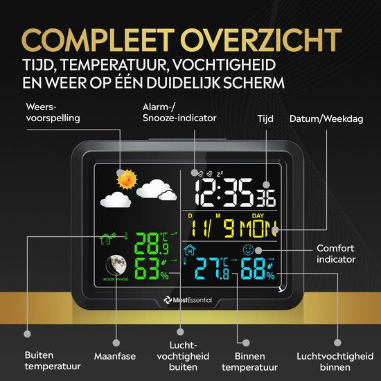 Station météo MostEssential Classic Edition - Installation Plug & Play - Sans fil - Station météo avec capteur extérieur - Hygromètre - Intérieur et extérieur - Portée de 100 mètres - 1 capteur