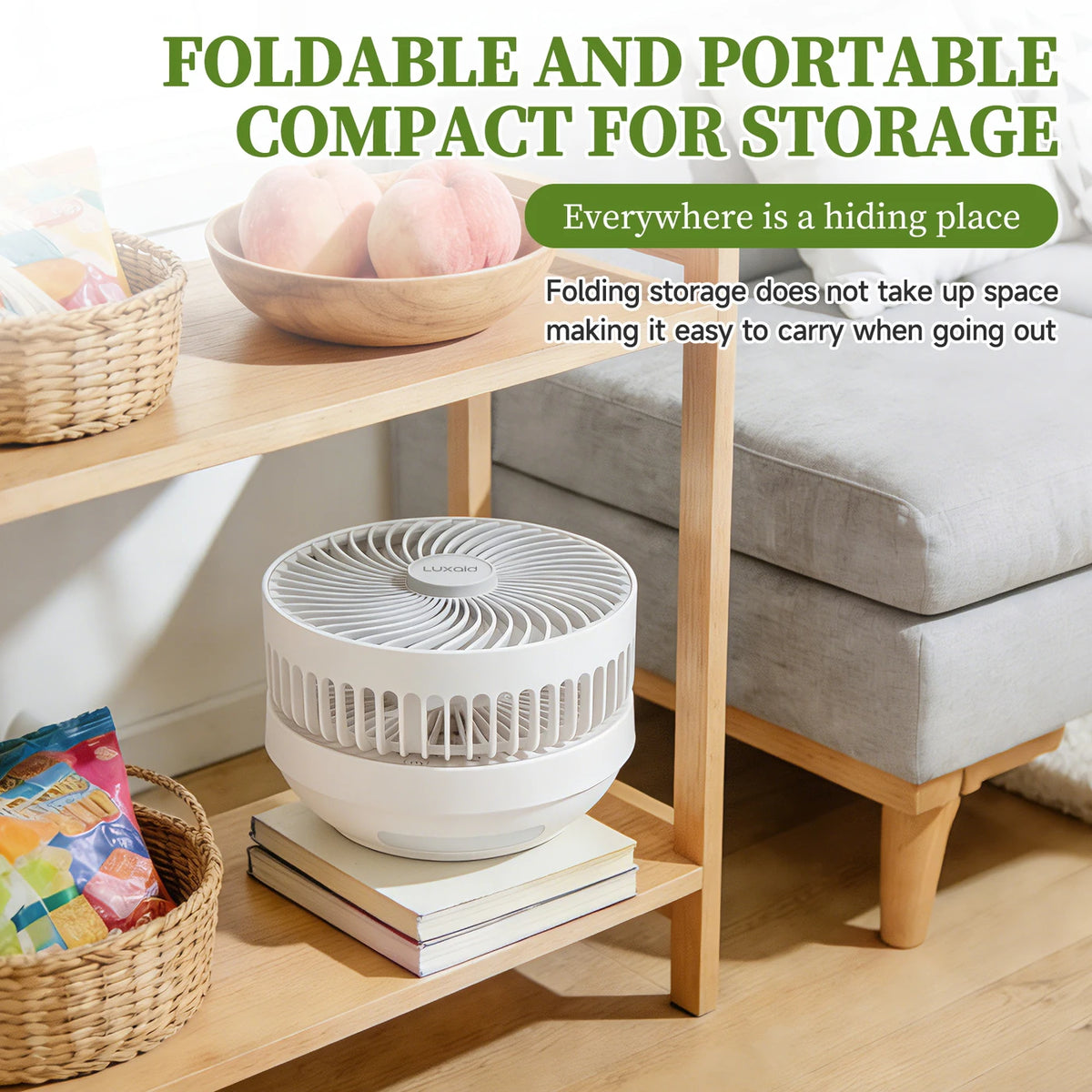 Ventilateur de bureau pliable Luxaid avec télécommande, batterie de 4 000 mAh, recharge Type-C, 3 vitesses, minuterie de 4 heures, veilleuse, fixation murale, portable et compact