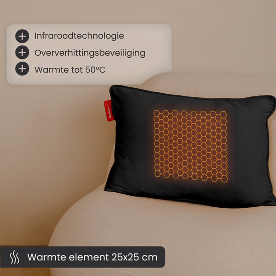 Auronic Heat Pillow - Velvet - 45x60 - Sans fil - Rechargeable - Oreiller électrique - Infrarouge - Noir