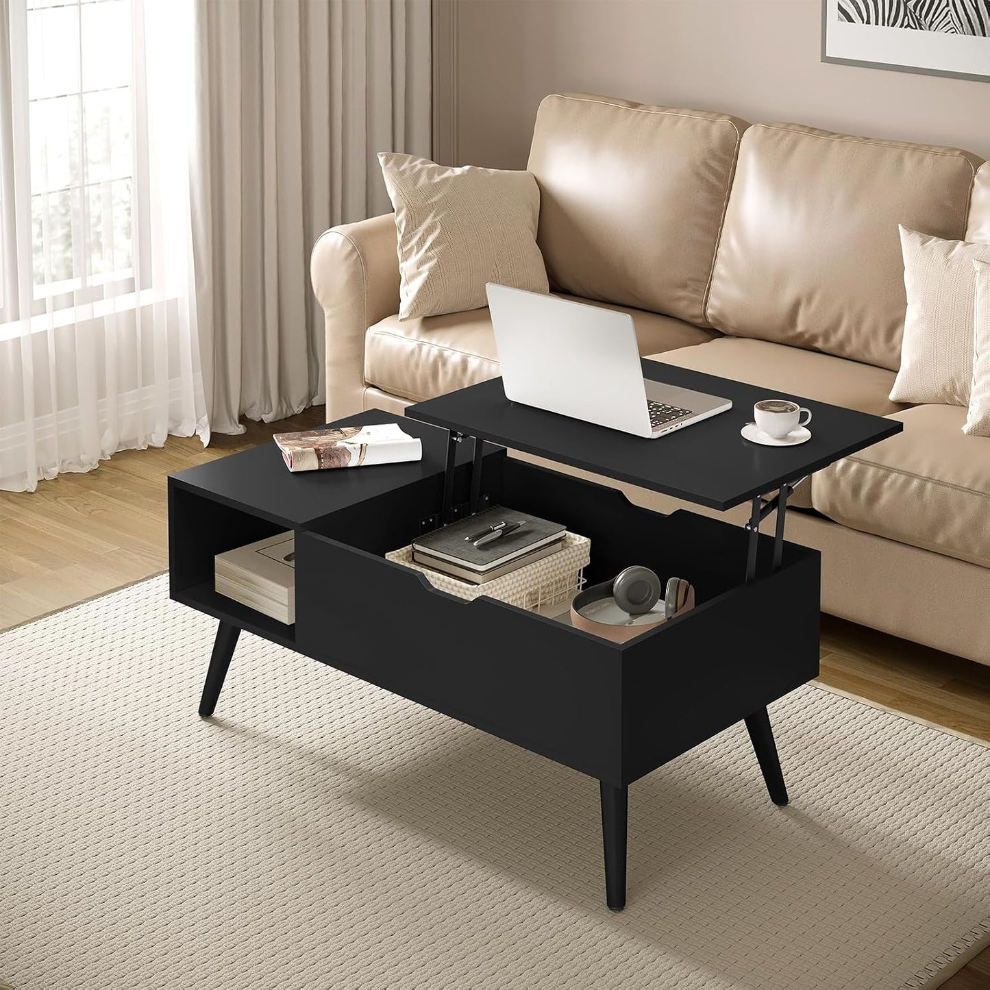 Table basse Woltu à hauteur réglable - 100 x 57 x 50 cm - Noir
