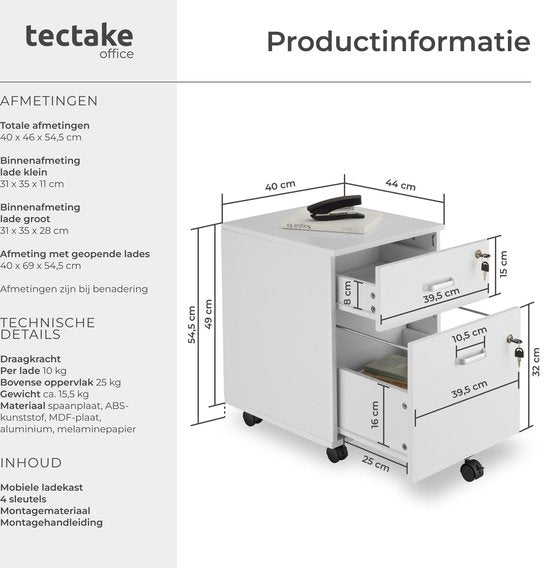 tectake® Meuble à tiroirs - Avec 2 tiroirs verrouillables, roulettes verrouillables - Meuble à roulettes - Organisateur - Parfait pour un lieu de travail organisé - Bureau, bureau d'étude, home office - Blanc