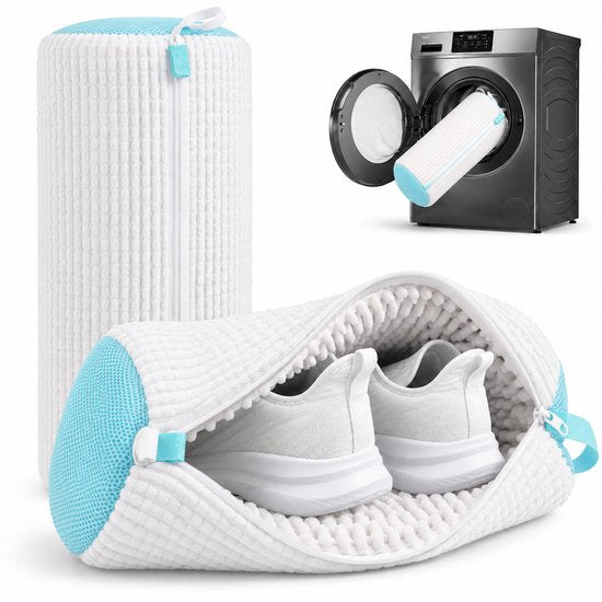 Lot de 2 sacs de lavage pour chaussures BOTC - Sacs de lavage réutilisables pour chaussures – Nettoyage en profondeur à 360° grâce à la microfibre - Sacs de lavage protecteurs pour chaussures, compatibles avec le lave-linge et le sèche-linge - Blanc et bl