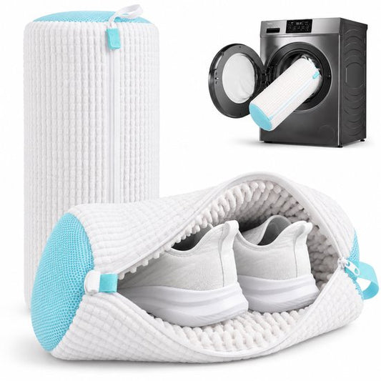 Lot de 2 sacs de lavage pour chaussures BOTC - Sacs de lavage réutilisables pour chaussures – Nettoyage en profondeur à 360° grâce à la microfibre - Sacs de lavage protecteurs pour chaussures, compatibles avec le lave-linge et le sèche-linge - Blanc et bl