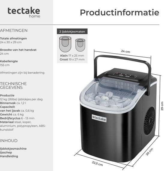 tectake® Machine à glaçons Arctic - 1.2L - 2 tailles de glaçons - Machine à glaçons - Machine à glaçons avec pelle à glaçons - Noir