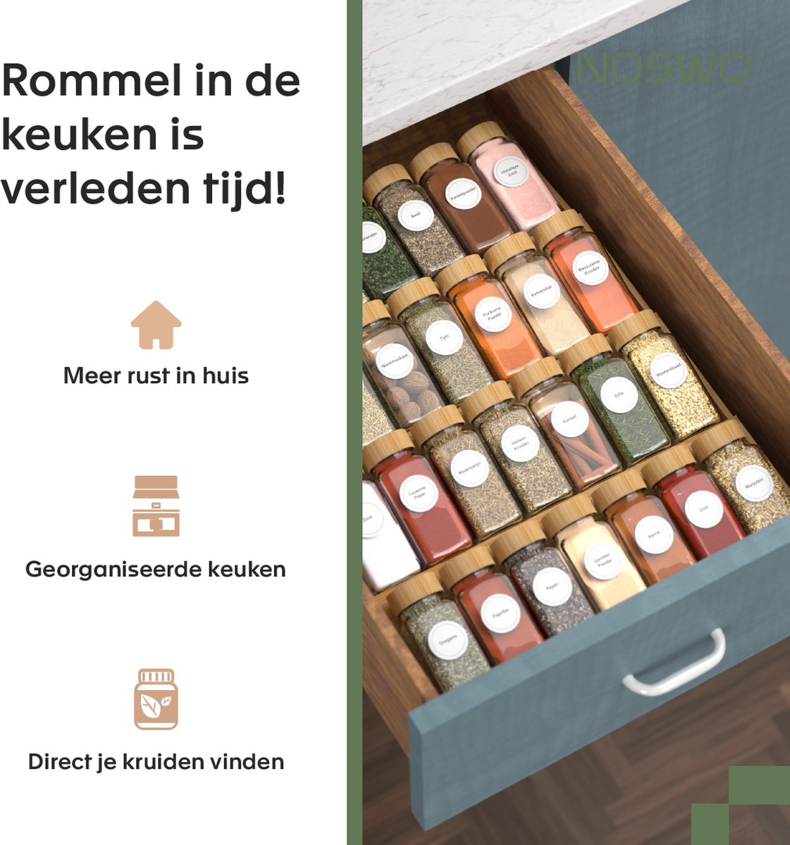 Noswo Spice Rack Drawer - With 28 Jars - Complete Set - Square - Sprinkle Lid and Labels - Spice Organiser - Kitchen Drawer Organiser - Bamboo