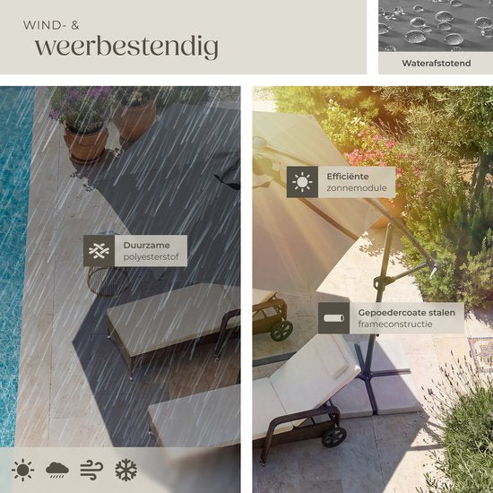 tectake® Parasol à pied flottant - 3 x 3 m - Parasol de jardin avec éclairage LED à énergie solaire - Orientable - Polyester imperméable avec protection UV - Housse incluse - Gris