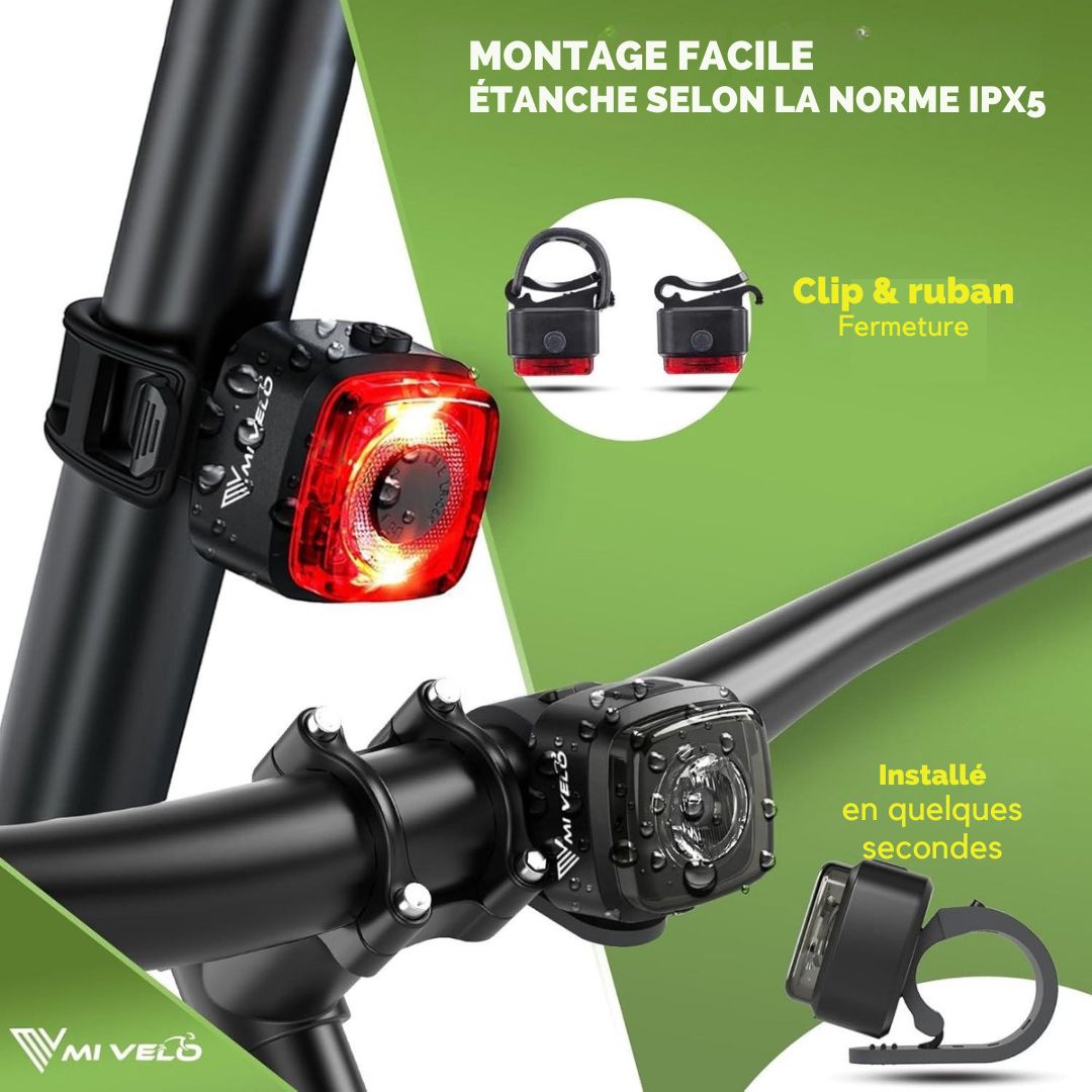 Ensemble de feux de vélo avec indicateur de freinage MIVELO - Feu de vélo LED homologué StVZO et étanche IPX5 - rechargeable via USB -  avec batterie rechargeable - noir