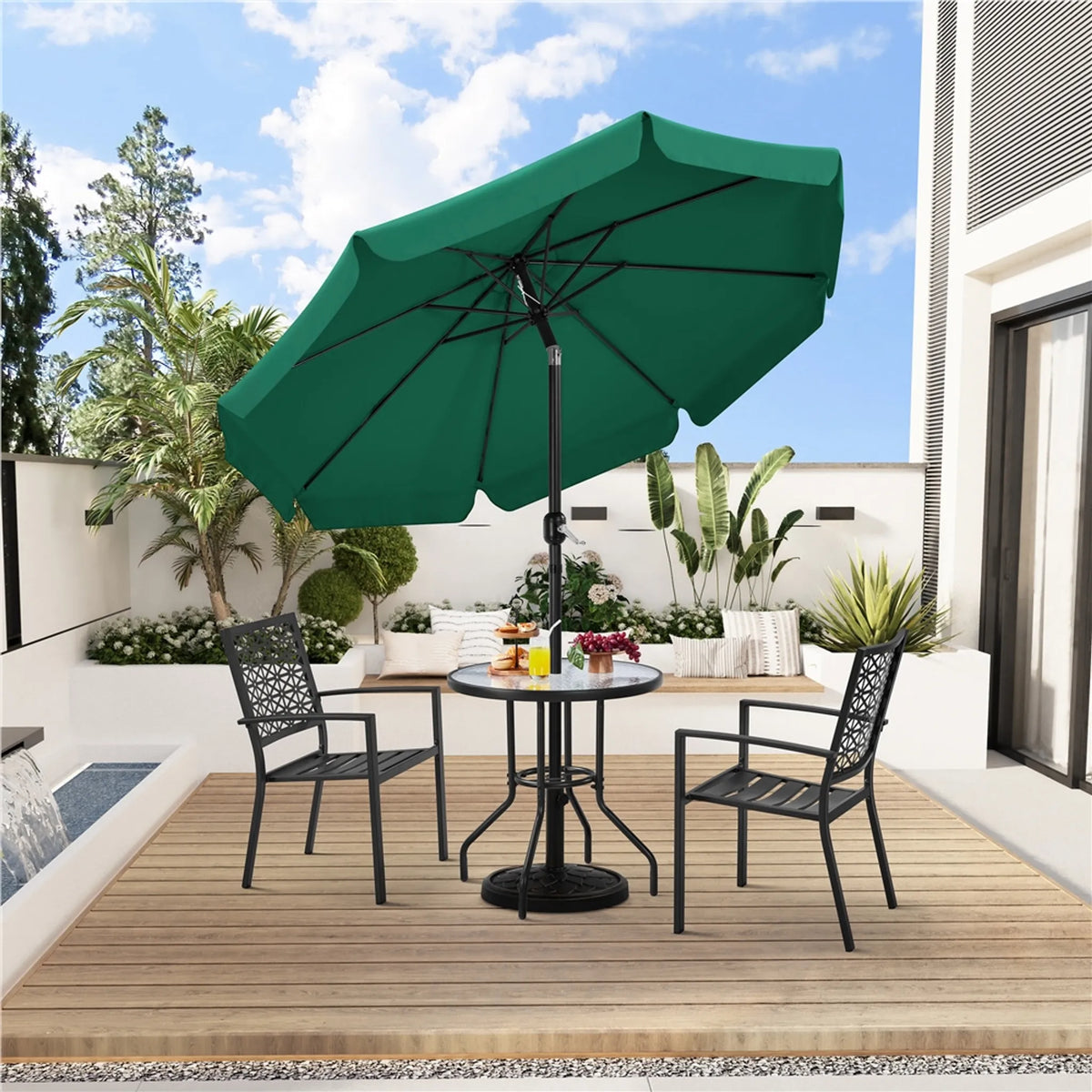 Parasol de jardin avec volant, Ø 267,5 cm, inclinable, avec 8 baleines et une ouverture d'aération, vert foncé