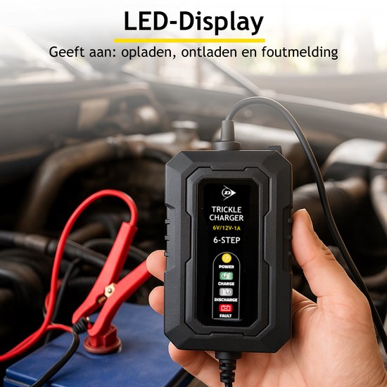 Chargeur à goutte-à-goutte Dunlop 6/12 V 1 A – Chargeur de voiture avec cycle de charge en 6 étapes – pour scooters et motos – Protection contre les courts-circuits – Chargeur d'entretien pour batteries au plomb et au gel – Noir