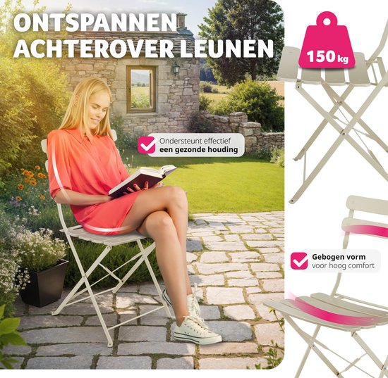 tectake® - Ensemble bistro pliant pour 2 avec structure en acier, table et chaises de jardin - Pour balcon et terrasse - Ensemble extérieur - Ensemble de jardin - Table et chaises pliantes - design élégant - crème