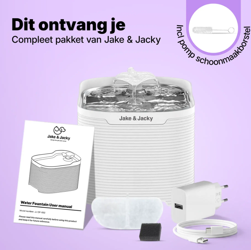 Jake & Jacky Fontaine à boire Acier inoxydable - Blanc - 23x17x14,2 cm - 2,5L - Whisper Quiet - Alimentée