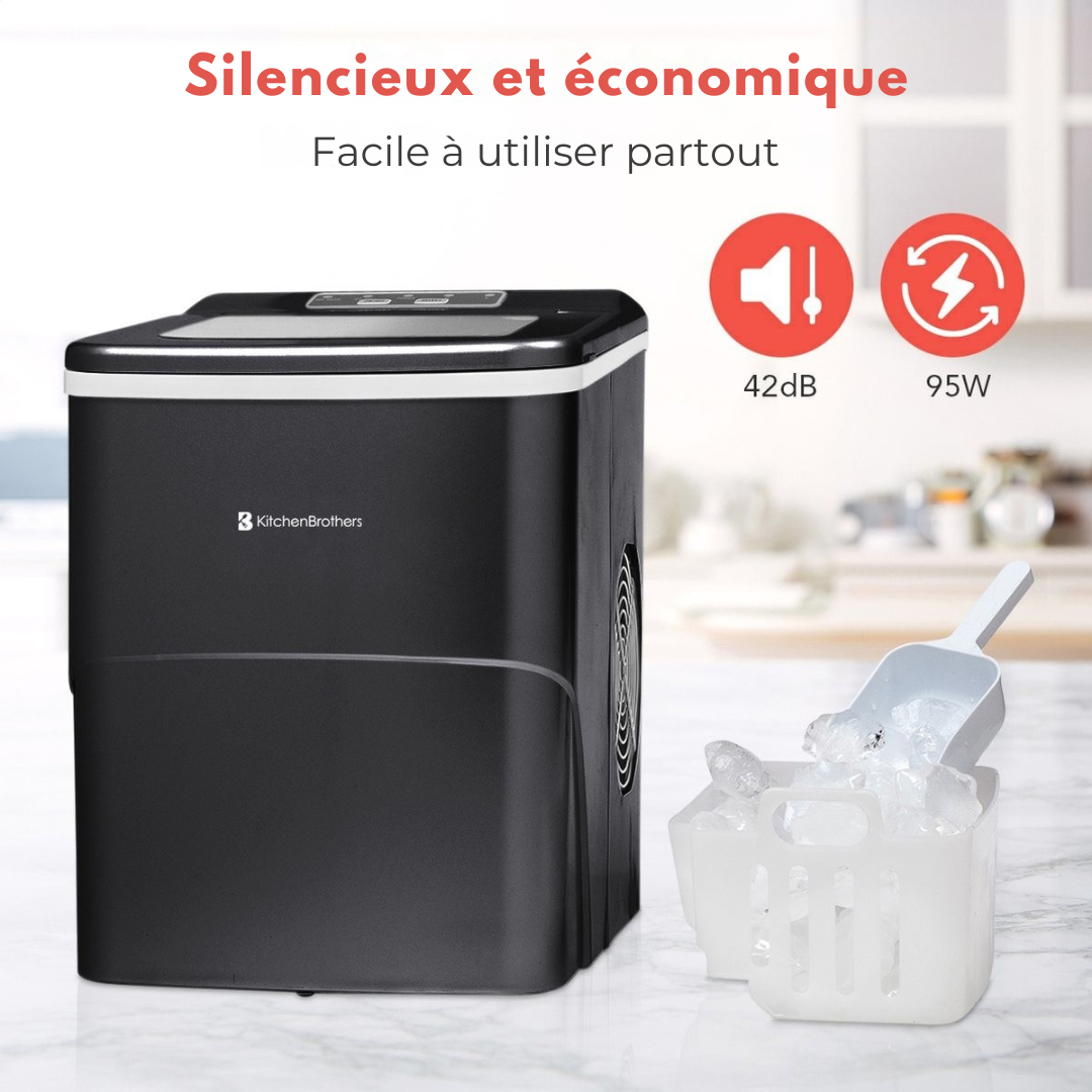 Machine à glaçons compacte et silencieuse KitchenBrothers - 2 litres - avec pelle à glace - Noire