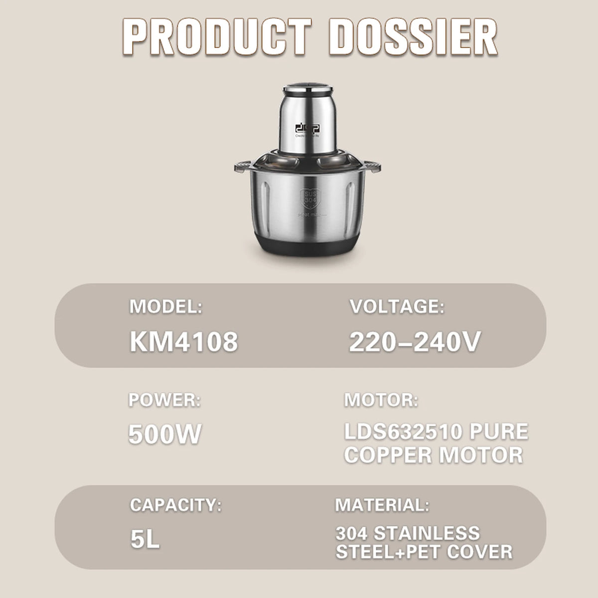 Hachoir de cuisine DSP KM4108 - 5 litres - 500 W - Bol en acier inoxydable 304 - Couteau à cinq lames - 2 vitesses - Moteur en cuivre