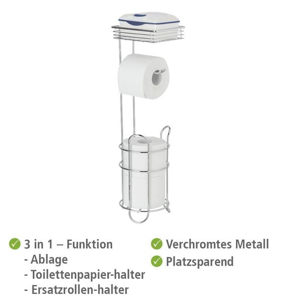 Porte-rouleau de papier toilette sur pied, chromé - Avec tablette et support pour rouleau de rechange