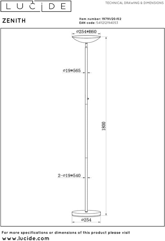 Lucide ZENITH - Lampadaire - Ø 25,4 cm - LED à intensité variable - 1x20 W 3000 K - Or mat / Laiton