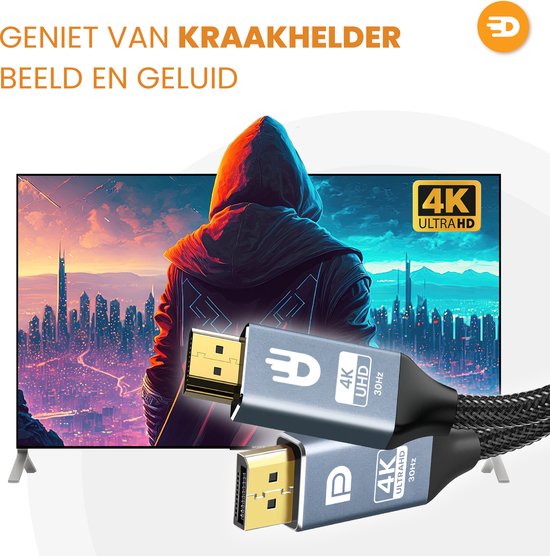 Drivv. Câble Premium Displayport vers HDMI - 4K 30hz - Nylon - 2 mètres - Gris