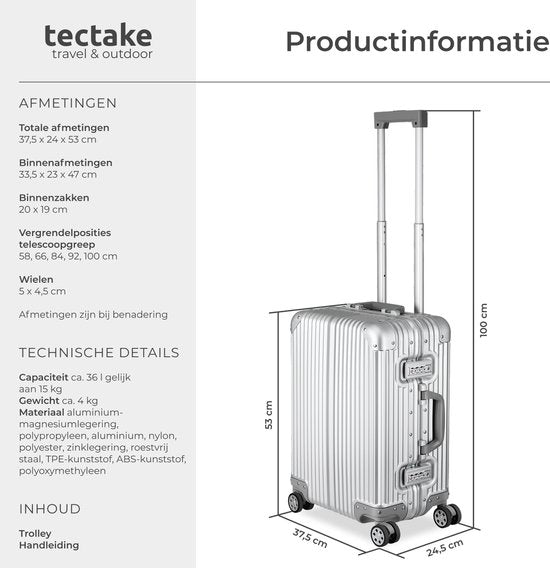 Valise cabine en aluminium tectake® - 36 litres - Double serrure à combinaison TSA à 3 chiffres - 53 cm - Valise cabine à roulettes - Valise de voyage à roulettes