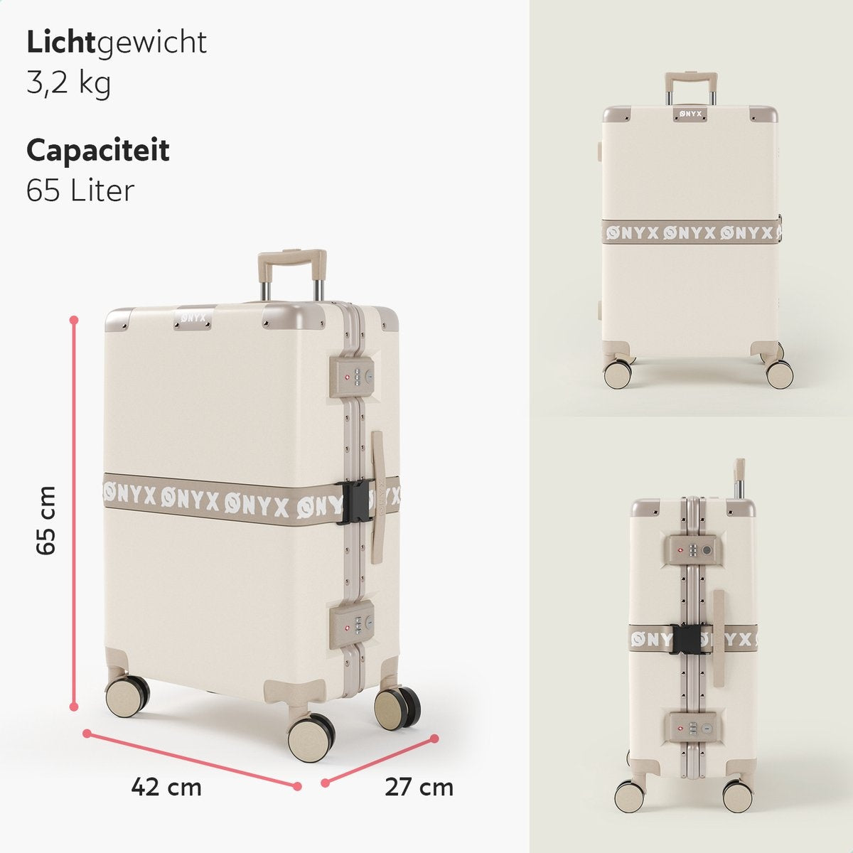 Valise à roulettes ONYX 65L - Bagage à main - Légère - Serrure TSA - 58 x 42 x 27 cm - Blanc sable