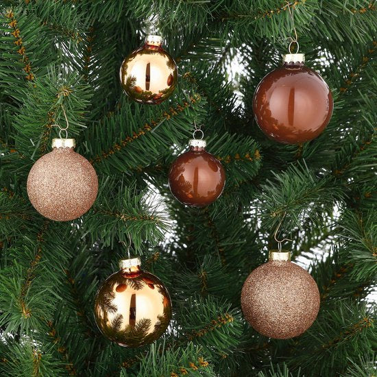 Mica Decorations : lot de boules de Noël en verre - Boules de Noël brillantes et pailletées - Décorations de Noël pour le sapin - Pointe pour le sommet du sapin - Lot de 42 pièces - Ø 7 cm - Marron