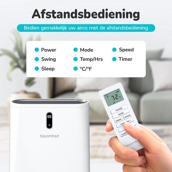 Climatiseur mobile Bloomfold - 12 000 BTU - 4 en 1 - Climatisation avec kits d'étanchéité pour fenêtres - Chambre à coucher - Salon - rafraîchir jusqu'à 35m².