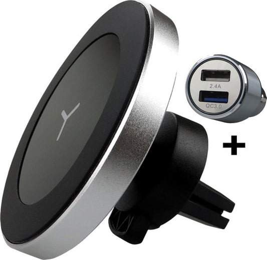 Support de téléphone iSetchi pour voiture avec chargeur sans fil (chargeur rapide 15 W, couleur argent) - Chargeur de voiture avec chargeur Quick Charge 12 V inclus - Magnétique